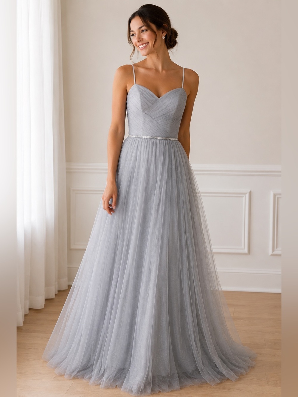 Monique Lhuillier Gray Tulle Formal Gown Size 10 Crystal Waist Prom Dress